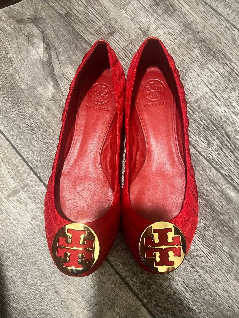 Tory Burch Red Quilted Ballet Flats with Gold Logo Medallion